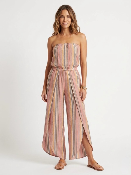 DREW Pants - Anthro Drew Emerson XS Linen Strapless Tulip Split Leg Rainbow Striped Jumpsuit